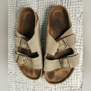 Birkenstock Arizona Soft food bed sandal suede leather tan taupe color size 38